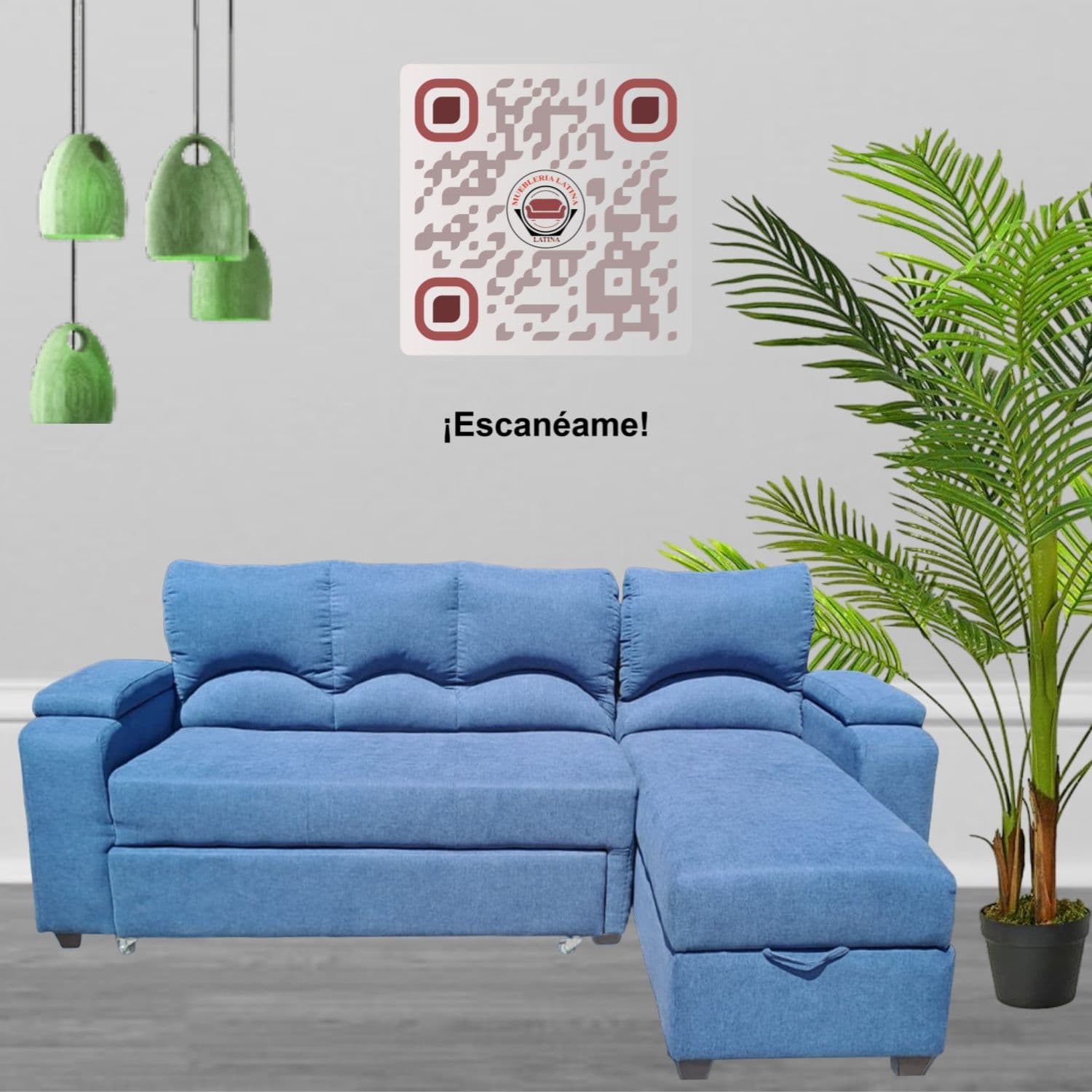 SECCIONAL CAMA BAUL FUNCIONAL 2 PZ DECO LINO AZUL DERECHO