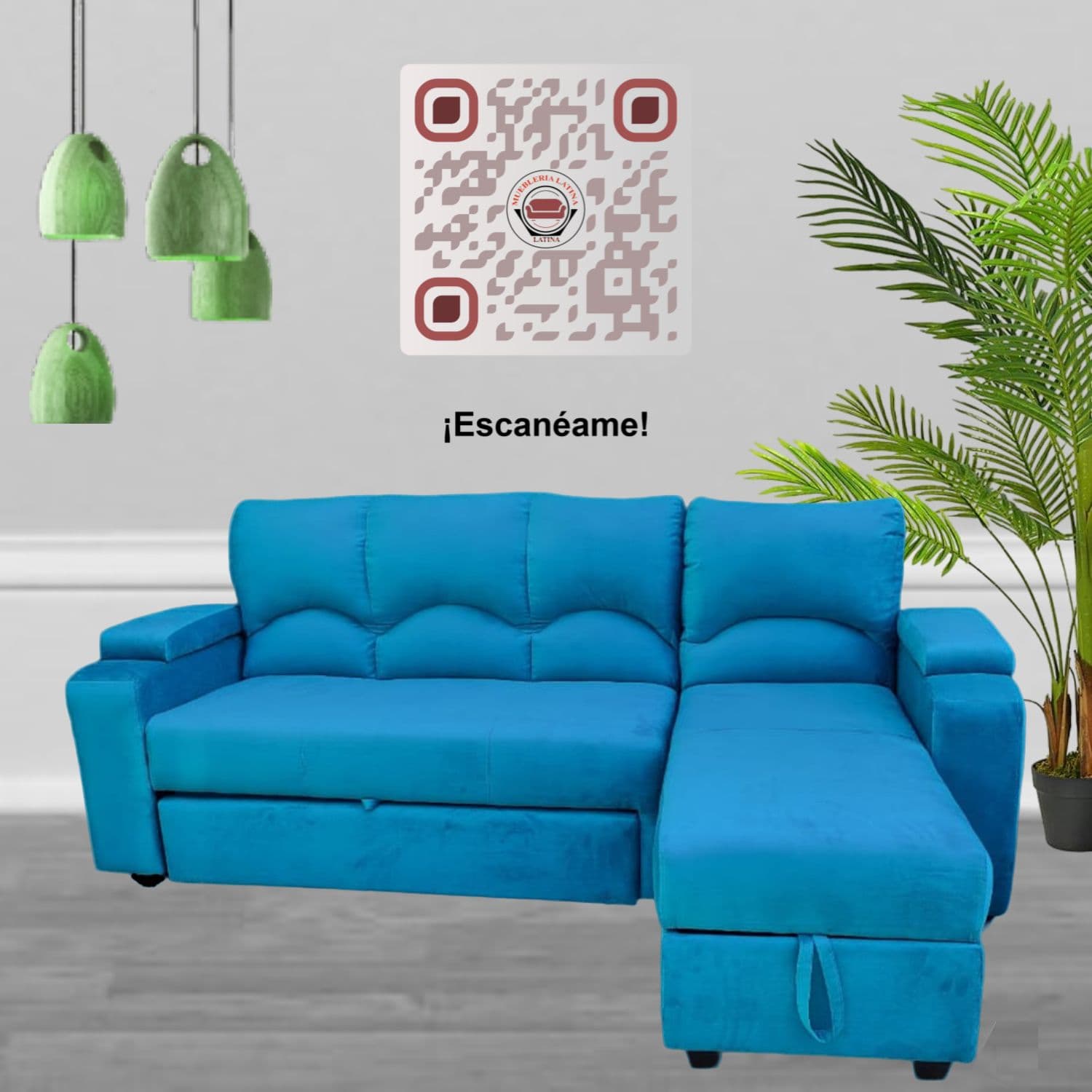 SECCIONAL CAMA BAUL FUNCIONAL 2 PZ DECO FELPA TURQUEZA DERECHO
