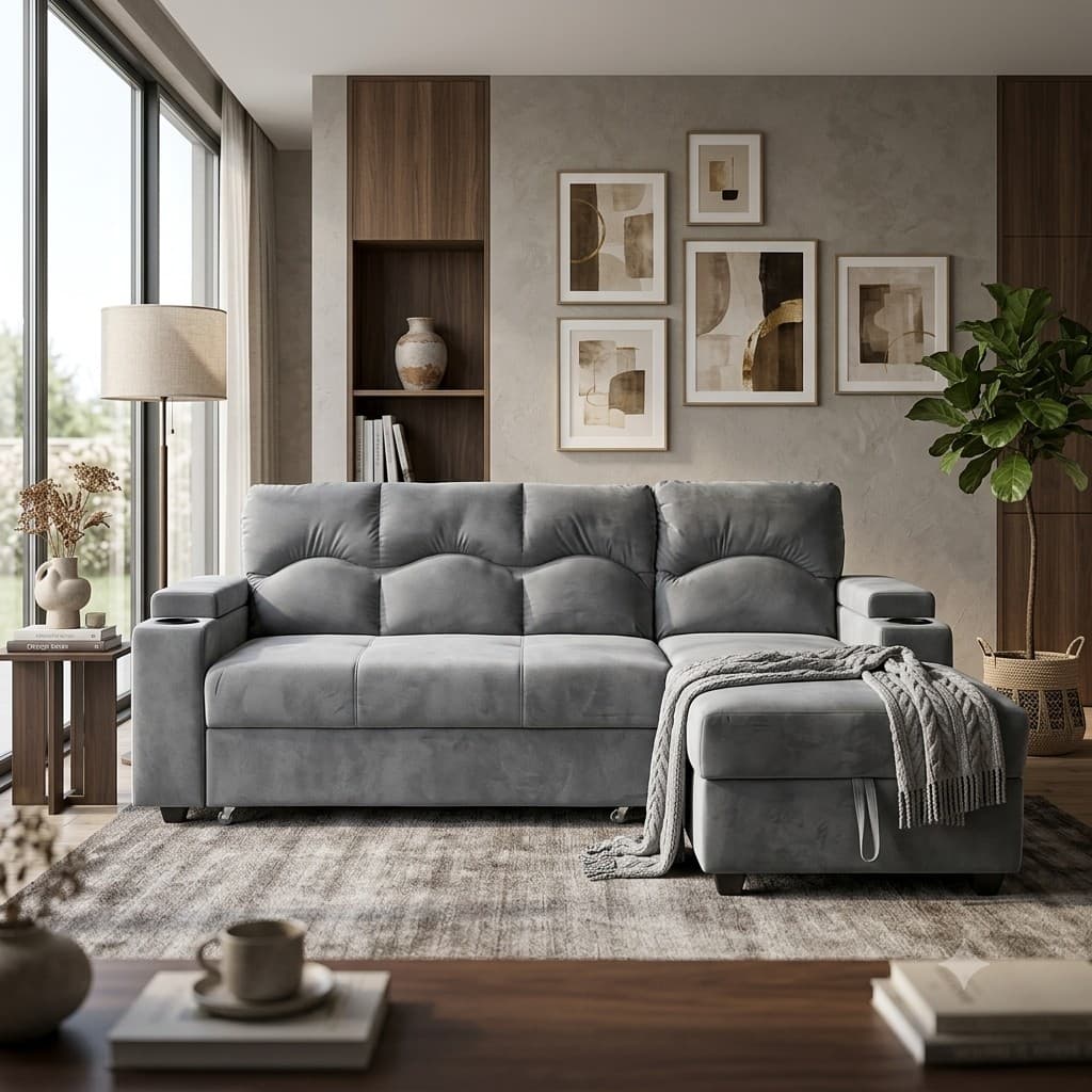 Seccional Cama Baúl Funcional 2 PZ Deco Felpa Gris Derecho con Posavaso